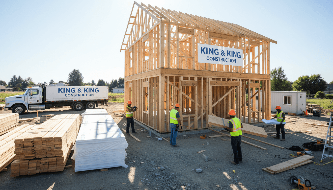 Residential construction site with lumber and drywall