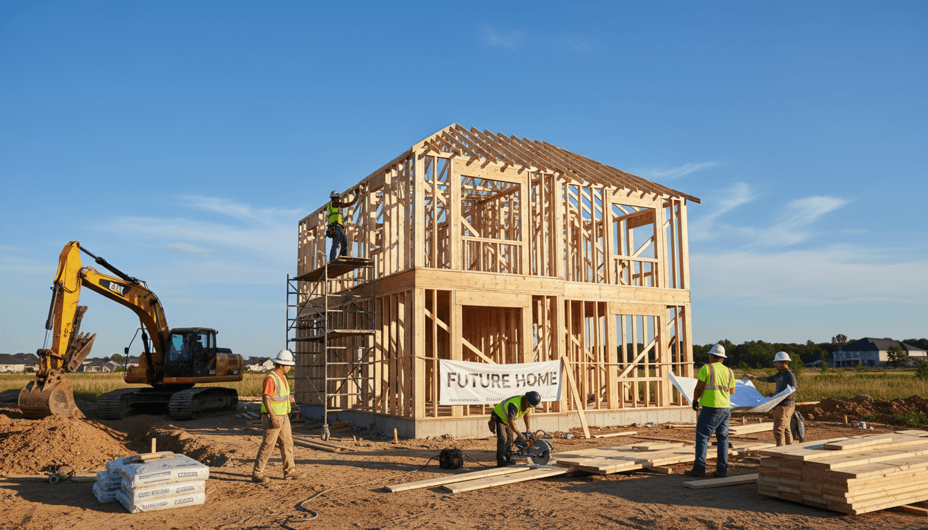 New home construction framing with professional builders on site in Baltimore
