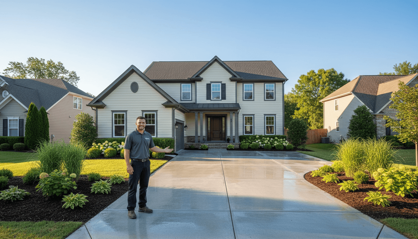 Professional contractor standing in front of freshly landscaped residential home with clean driveway and trimmed gardens